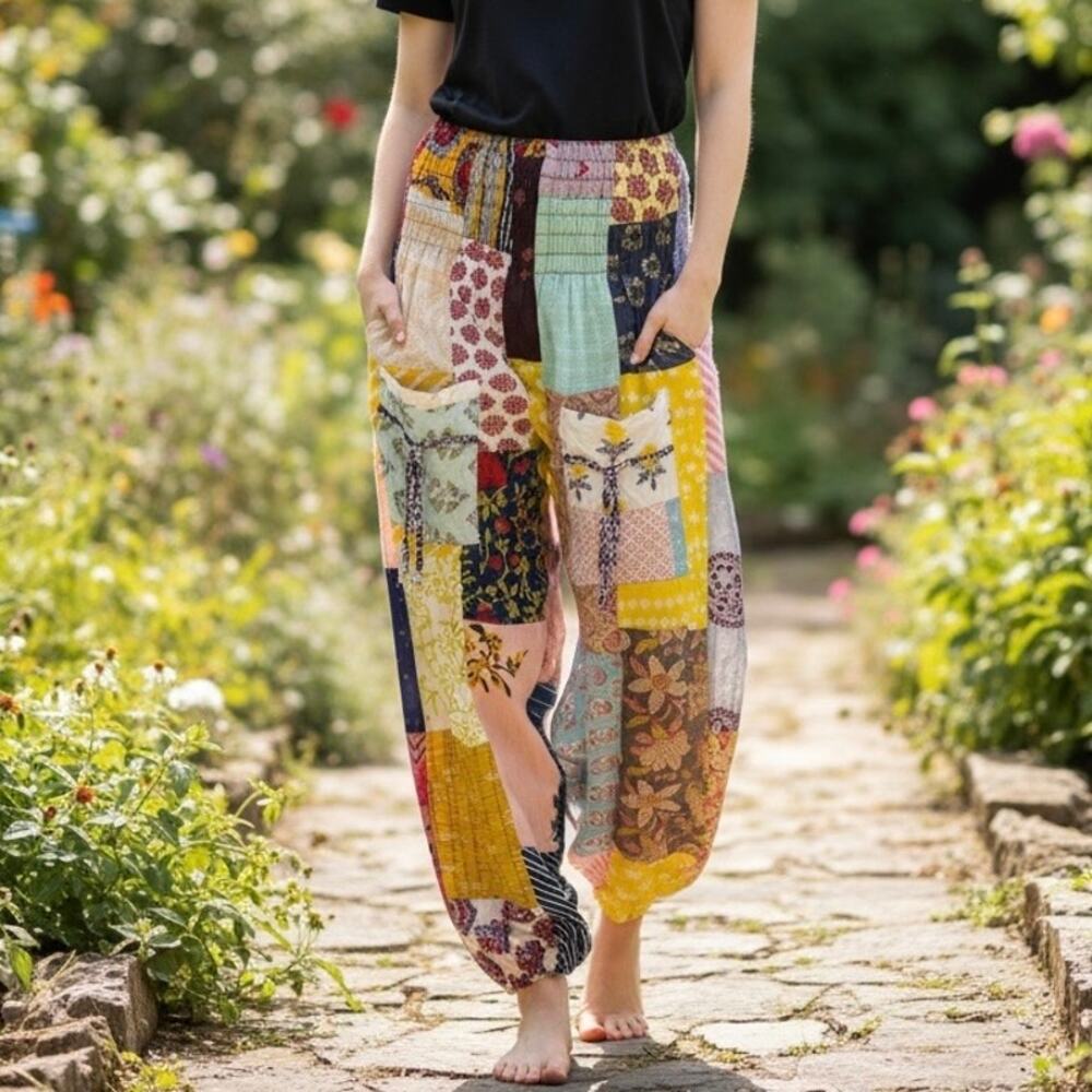 Kathmandu Imports Boho Hippie Mixed Media Kantha Pant Women's Small